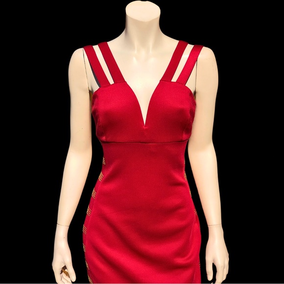 GUESS Deep V Strappy GOLD STUD Body Con Halter Party Dress 4 NWT - Picture 8 of 10